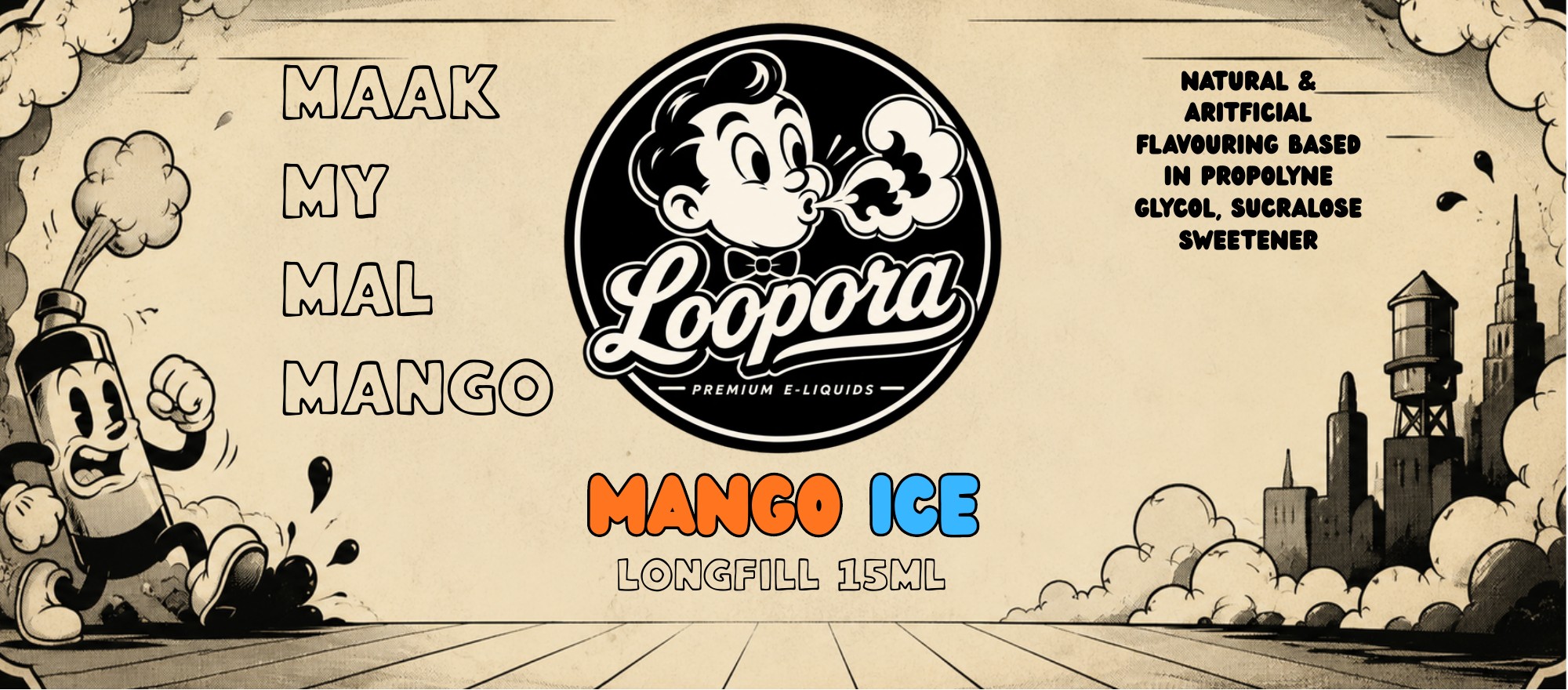 The full Maak My Mal Mango 30 ml label, laid flat